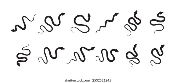 Black silhouette snake icon set. Isolated snake symbol on white background. Abstract snake sign. Vector illustration