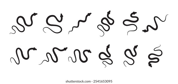 Conjunto de iconos de serpiente de silueta negra. Símbolo de serpiente aislado sobre fondo blanco. Abstractas signo de serpiente. Ilustración vectorial