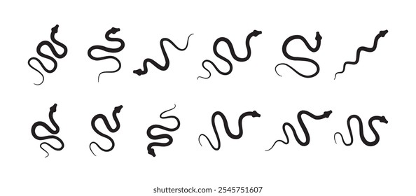 Conjunto de iconos de serpiente de silueta negra. Símbolo de serpiente aislado sobre fondo blanco. Abstractas signo de serpiente. Ilustración vectorial