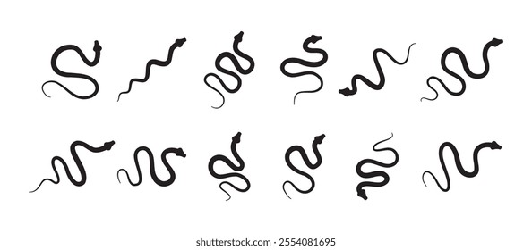 Black silhouette snake icon set. Isolated snake symbol on white background. Abstract snake sign. Vector illustration