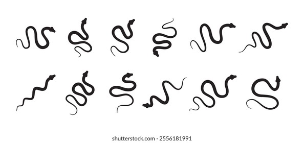 Black silhouette snake icon set. Isolated snake symbol on white background. Abstract snake sign. Vector illustration