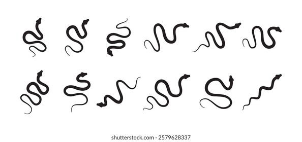 Black silhouette snake icon set. Isolated snake symbol on white background. Abstract snake sign. Vector illustration