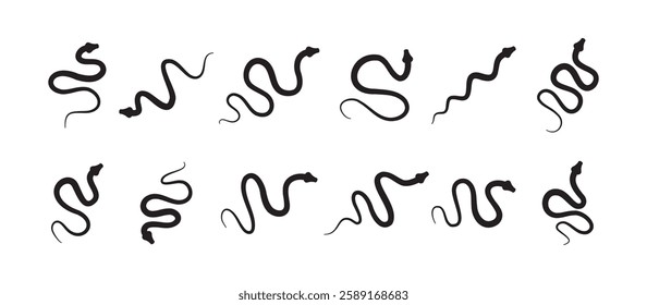 Black silhouette snake icon set. Isolated snake symbol on white background. Abstract snake sign. Vector illustration