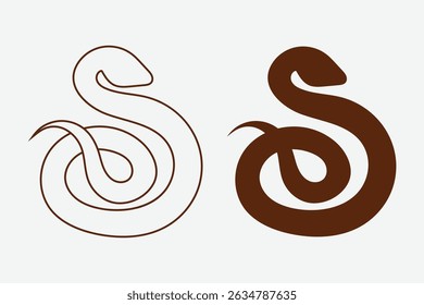Black silhouette snake. Snake icons set in black filled and stroke line style. Spiral crawling snake line icon. Wild reptile, predator mascot, simple. wildlife nature element design. EPS 10. 