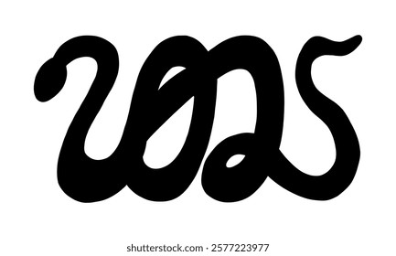 Black silhouette of snake in shape of 2025 year vector hand drawn illustration. Symbol of Chinese New Year. Painted element for icon, logo or design