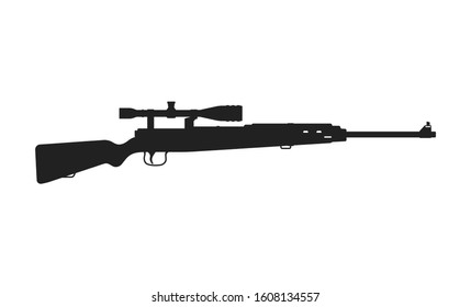 Black Silhouette Of Sniper Rifle. Isolated Retro Weapon. Gun Of Hunter. Police And Army Carabin Icon. Vector Illustration