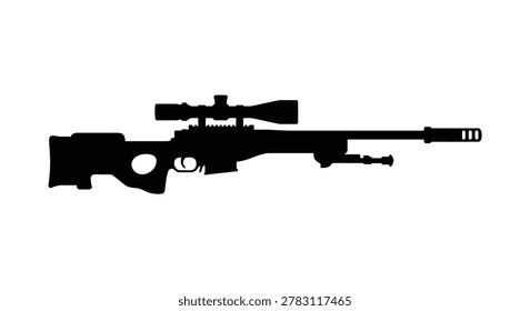 A black silhouette of a sniper rifle with a scope, presented as a vector illustration against a white background.
