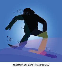 Black silhouette of snowboarder iolated on blue background. Vector illustrations.