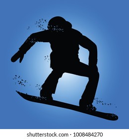 Black silhouette of snowboarder iolated on blue background. Vector illustrations.