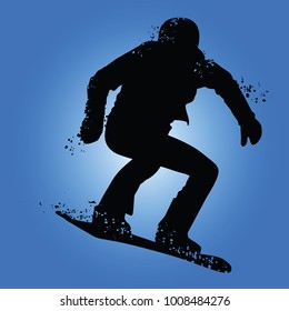 Black silhouette of snowboarder iolated on blue background. Vector illustrations.