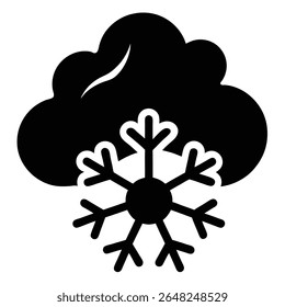 A black silhouette of a snowflake sits below a similarly colored cloud against a white background The style is simple and bold