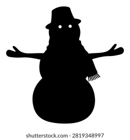Black silhouette of a snowman wearing a hat and scarf, with arms extended outward, set against a plain background, emphasizing winter holiday themes.