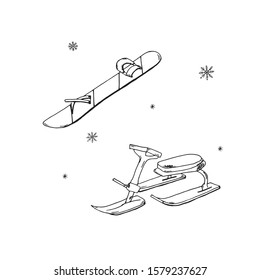 Black silhouette of a snowmobile and snowboard isolated on a white background. Winter sport. Vector illustration