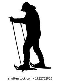 Black silhouette of a snowshoe hiker on white