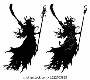 The black silhouette of a soaring demon of a sorcerer with a curved sword, a staff, in a horned helmet, gives the order to attack, wearing black tattered rags on it. 2d illustration.