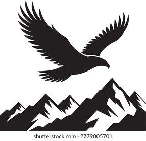 Black silhouette of a soaring eagle flying above jagged mountain peaks on white background