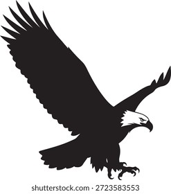 Black silhouette of a soaring eagle with outstretched wings and sharp talons on white Keywords