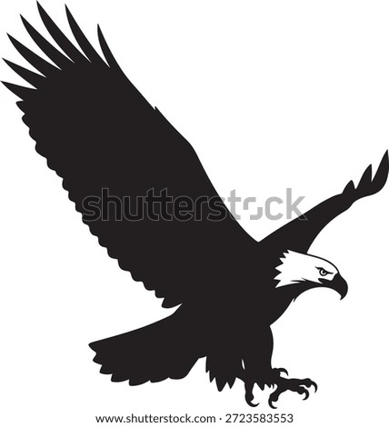 Black silhouette of a soaring eagle with outstretched wings and sharp talons on white Keywords