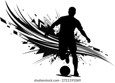 La silueta negra de un jugador de fútbol dribla la pelota con destreza. Perfecto para Sitios web deportivos, gráficos de redes sociales y diseños con temática deportiva.