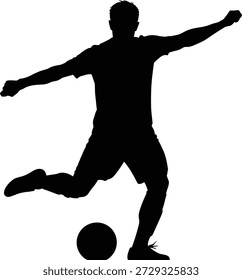Silhueta preta do jogador de futebol na pose de chute dinâmica com perna estendida e braços, bola posicionada perto do pé