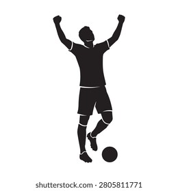 A black silhouette of a soccer player standing with arms raised in celebration next to a ball, isolated on a white background, representing victory, athletic achievement, and competitive team sports.