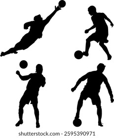 "Black Silhouette Soccer Players Performing Skills"
"Vector-style silhouettes of soccer players engaging in different football actions, including acrobatic kicks and dribbles. 