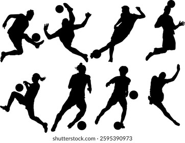 "Black Silhouette Soccer Players Performing Skills"
"Vector-style silhouettes of soccer players engaging in different football actions, including acrobatic kicks and dribbles. 