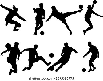 "Black Silhouette Soccer Players Performing Skills"
"Vector-style silhouettes of soccer players engaging in different football actions, including acrobatic kicks and dribbles. 