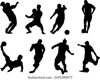 "Black Silhouette Soccer Players Performing Skills"
"Vector-style silhouettes of soccer players engaging in different football actions, including acrobatic kicks and dribbles. 