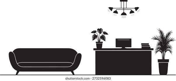 Schwarze Silhouette eines Sofa-Schreibtisch-Computer und Pflanzen in einem Raum Wohnzimmer