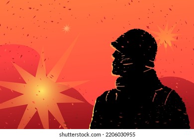 The black silhouette of a soldier against a background of red sky and explosions is a metaphor for post-traumatic disorder in the military after participating in combat conflicts.