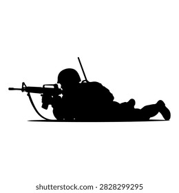 Black silhouette of a soldier lying prone with a rifle, emphasizing military readiness and tactical stance in a minimalistic style.