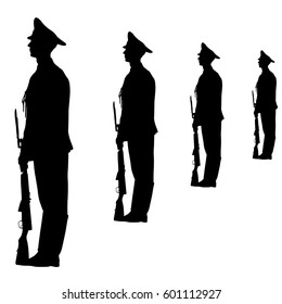 Black silhouette soldier is marching with arms on parade.