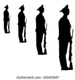 Black silhouette soldier is marching with arms on parade.