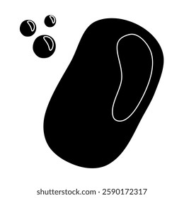 Black silhouette of solid hand cleaning soap bar with bubbles, glyph icon flat vector
