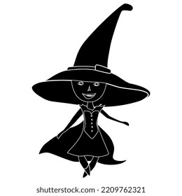 Black silhouette of sorceress in dress and cloak with big witches hat isolated on white background. Design element.