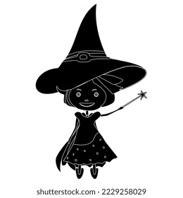 Black silhouette of sorceress in dress and witches hat and magic wand in hand isolated on white background. Vector design element.