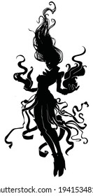 La silueta negra de una niña hechicera con dos fibromas en las manos, el cabello ondeando, grita, sus ojos brillando en la oscuridad. 2.ª ilustración