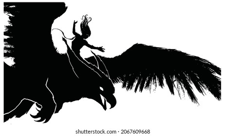 A black silhouette of a sorceress with long hair, she is flying astride a huge griffin with funny owl ears with tassels at the ends, a woman is preparing a spell in her hands 2d illustration