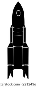 Black silhouette space rocket with flame from nozzles isolated on white. Vector design element.