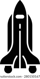 A black silhouette of a space rocket with a sleek design, fins, and a cockpit window, isolated on a white background, perfect for space-themed designs