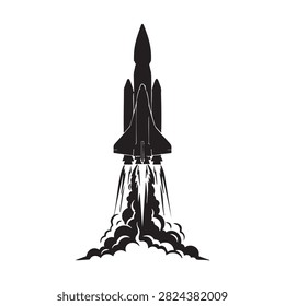 Black silhouette of space shuttle launching with powerful fire plumes and thick smoke exhaust ideal for aerospace engineering themes NASA concepts or educational projects depicting space travel technology and rocket launch sequences.