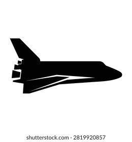 A black silhouette of a space shuttle spacecraft in flight, representing space exploration, aerospace engineering, and the future of travel beyond Earth.