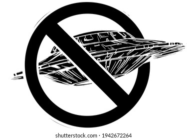 black silhouette of spaceship with symbol of ban vector illustration