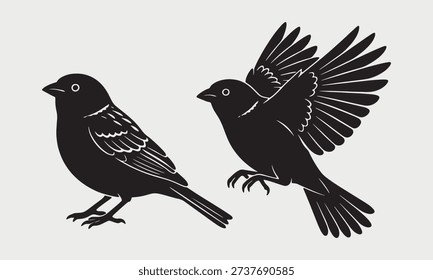 Black silhouette sparrows perched and in flight, isolated on white background. Depicts small birds, dynamic movement, and natural beauty for designs.