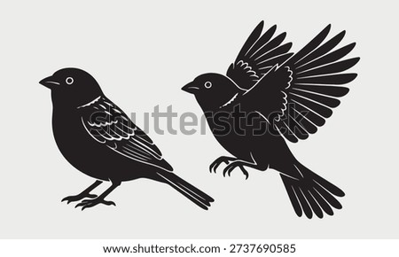 Black silhouette sparrows perched and in flight, isolated on white background. Depicts small birds, dynamic movement, and natural beauty for designs.