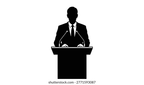a black silhouette of a speaker standing behind a podium with microphones, set against a plain white background. high-quality professional detailed modern elegant stylish