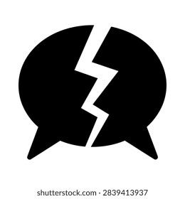 A black silhouette of a speech bubble split in half by a lightning bolt crack symbolizing failed dialogue and disagreement.