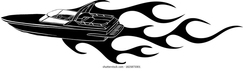 black silhouette Speedboat flames vector illustration. Luxury and expensive boat.