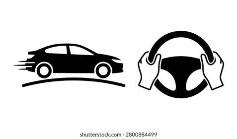 Black Silhouette Of A Speeding Car And Hands Holding A Steering Wheel Silhouette automobile vehicle sedan transportation driving